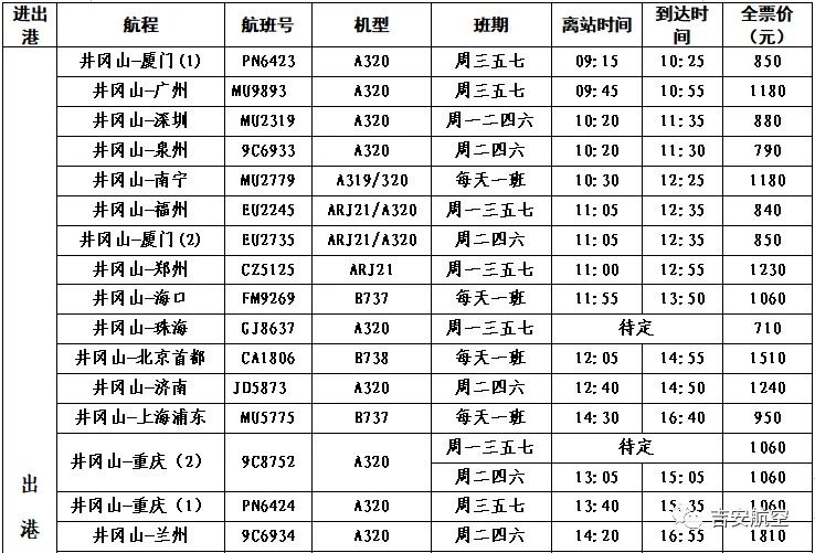 井冈山机场航班2023年夏秋季航班计划.jpg